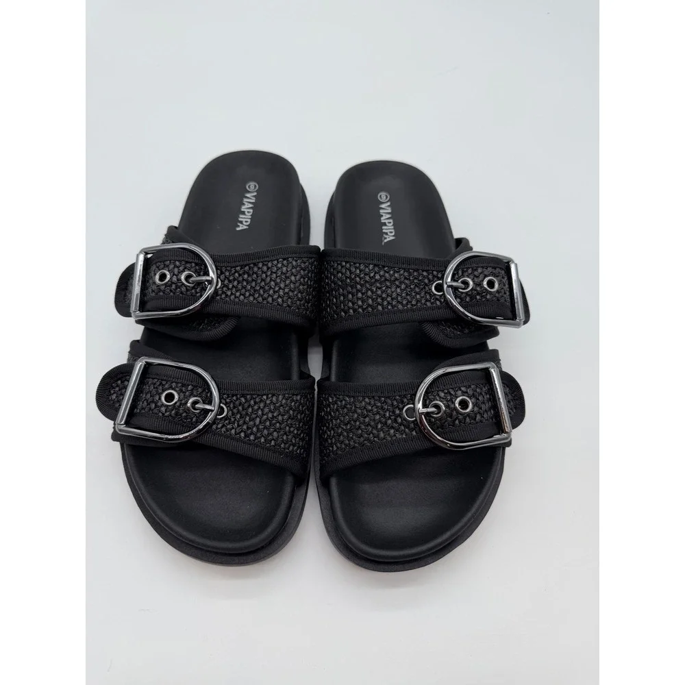 ViaPipa Womens Black Raffia Double Strap Buckle‎ Slide Sandals Size 6